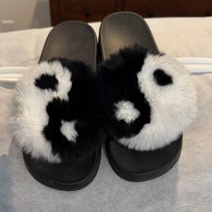 Black and White Fuzzy Slide Sandals